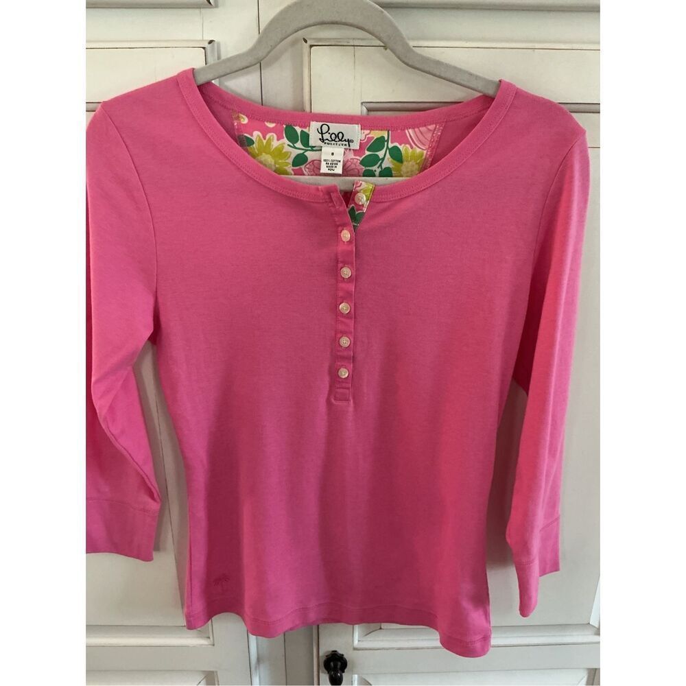 Lilly Pulitzer Sz S Pink Henley 3/4 Sleeve